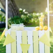 white wooden lemonade stand in front yard