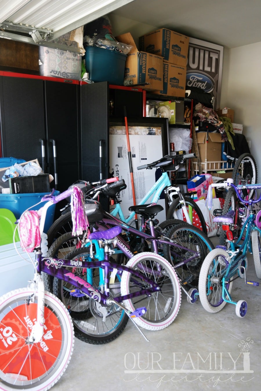 organized chaos garage with bikes