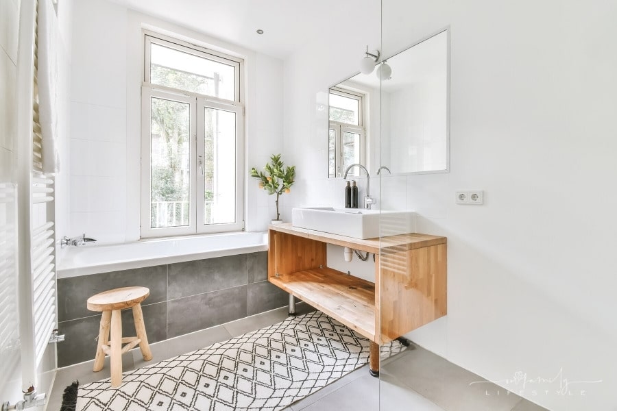 modern stylish bathroom with rectangular over vanity sink