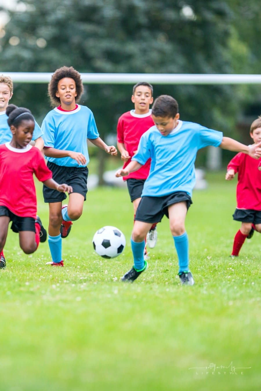 children playing soccer in red and blue uniforms