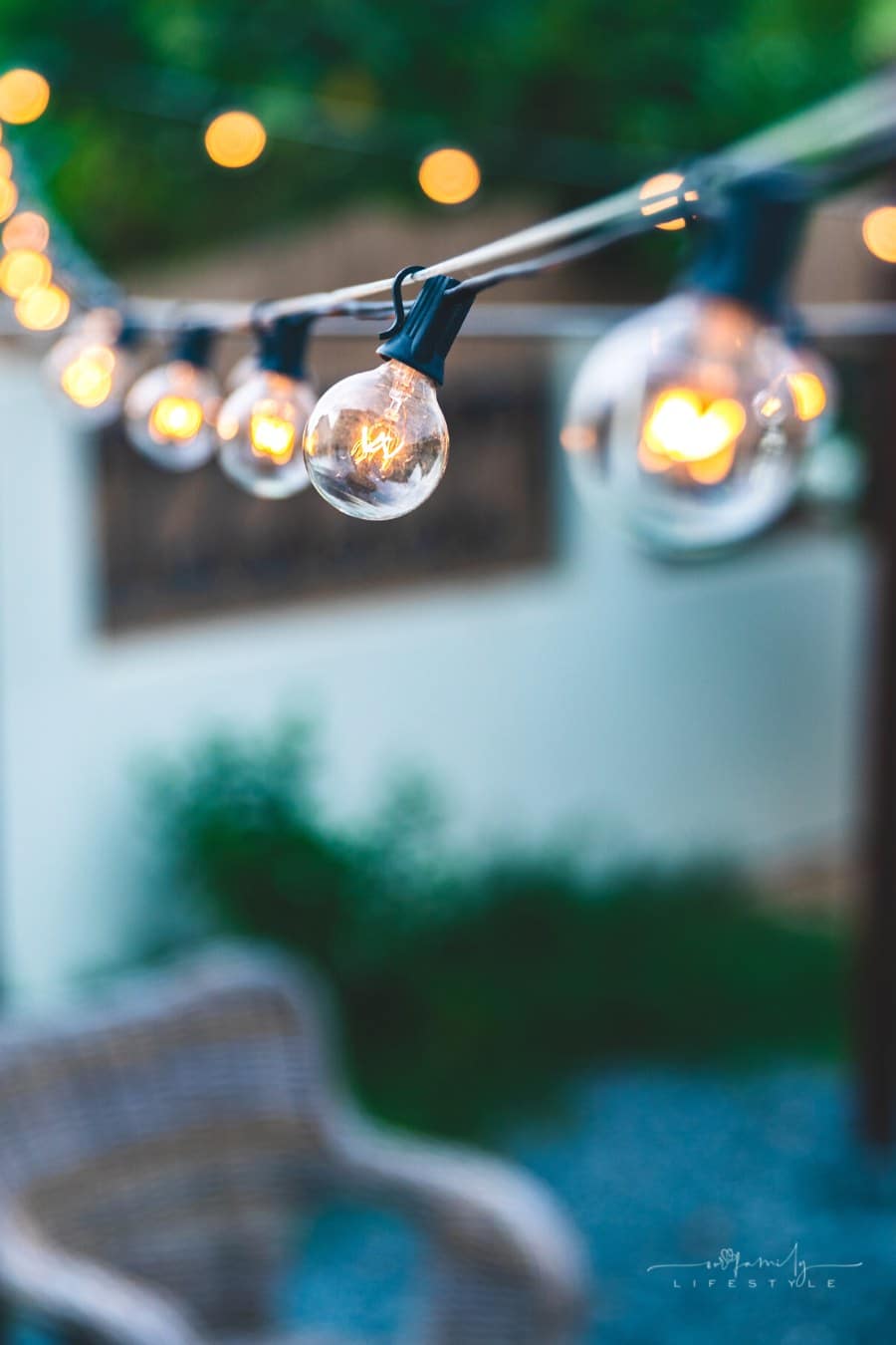 string lights hung on outdoor patio