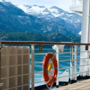 snow capped mountains from deck of an Alaskan cruise