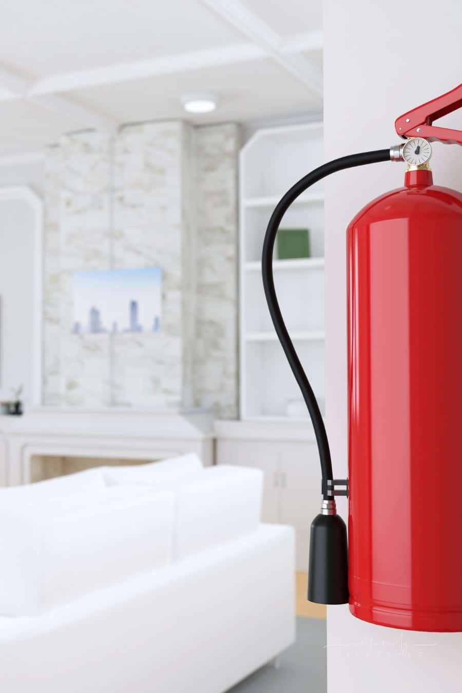 fire extinguisher hanging on wall near living room fireplace