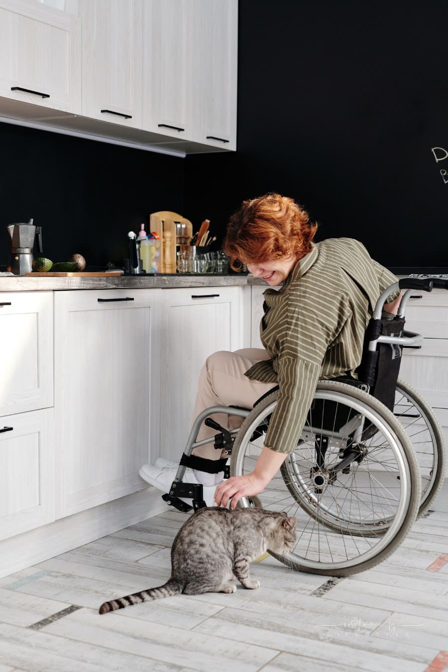 Woman Sitting in wheelchair in kitchen while petting pet cat