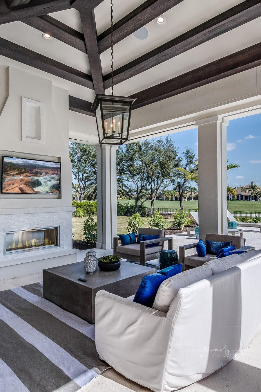 Outdoor living space next to golf course