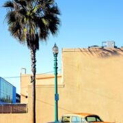 Old rusty car in front of a building with a tall palm tree in the front