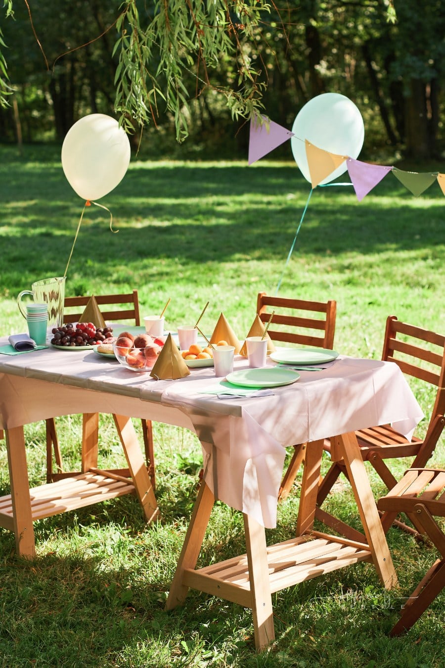 Full length background image of Summer picnic table outdoors decorated with balloons for Birthday party