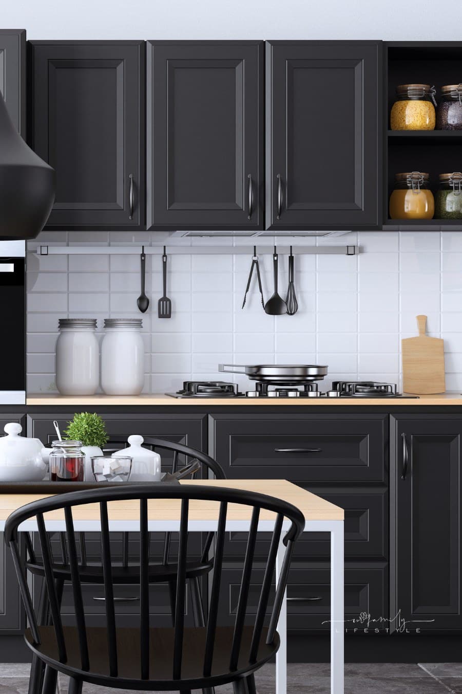 Modern Scandinavian kitchen and dining room with matte black black shaker cabinet design