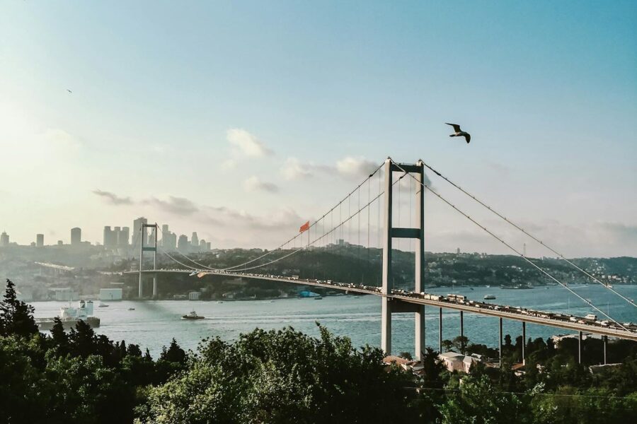 Aerial view of the Bosphorus Bridge spanning across Istanbul’s vibrant skyline and the shimmering waterway.